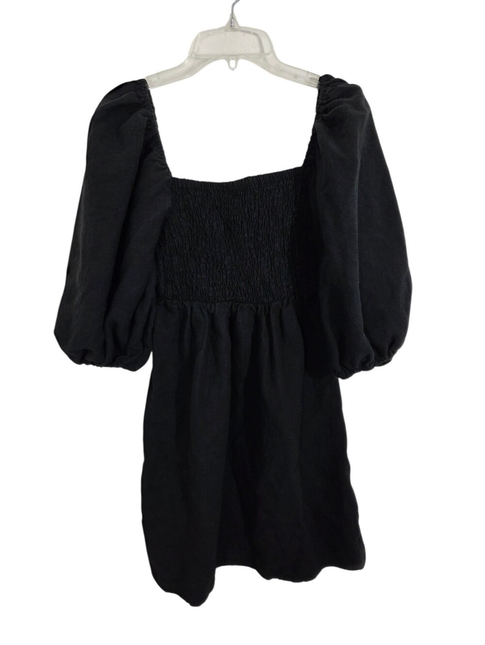 Tuckernuck Annie 100% Linen Smocked Puff Sleeve Mini Dress Black Size Small Boho